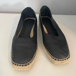 Everlane Black Leather Flats with Tan Espadrille Sole